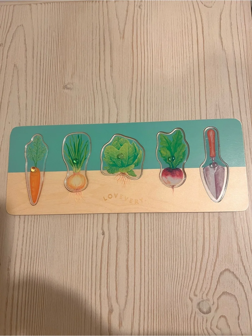 Lovevery Montessori Teal and Natural Wooden Garden Puzzle – Vegetable Set